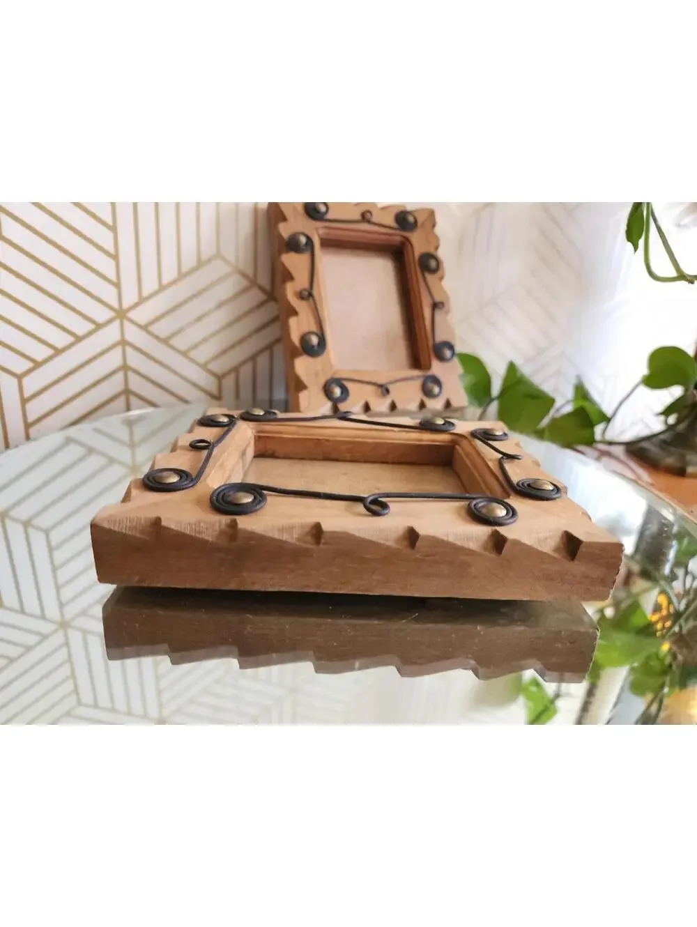 Vintage Handmade Wooden Rustic Photo Frames With Wire Scrolling - Pair 5